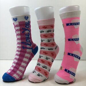 Womens Crew Socks Set 3 Valentines Print "I Love You" Hearts Mustaches Pink Blue